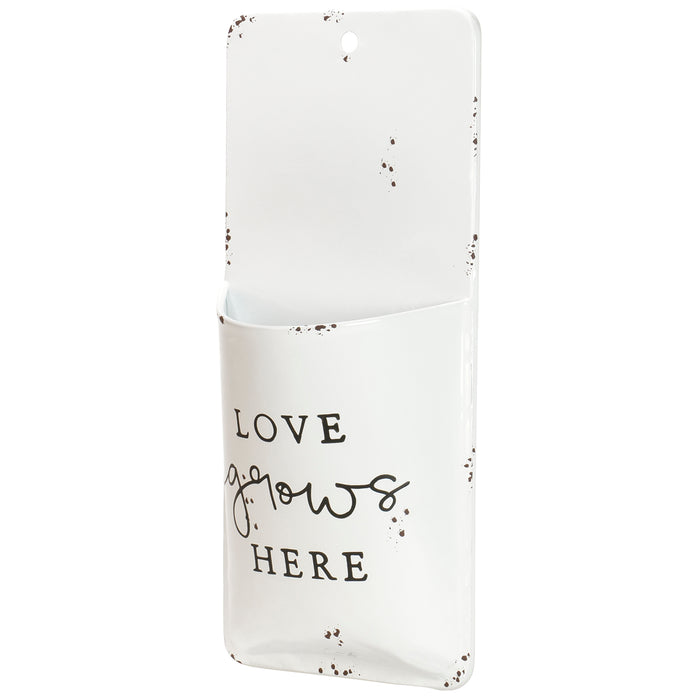 Red Co. Decorative Boho Chic Metal Wall Hanging Pocket Mail Holder and Flower Planter in Distressed White Finish – Love Grows Here