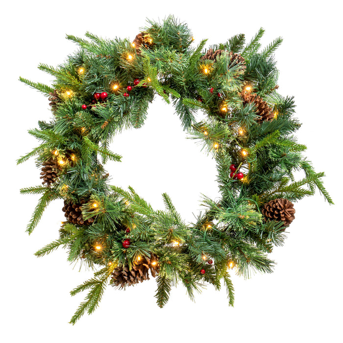 Red Co. Artificial Christmas Wreath with Pine & Red Cranberries, Festive Indoor Outdoor Wall Decoration, Battery Operated LED Lights with Timer - 24-inch