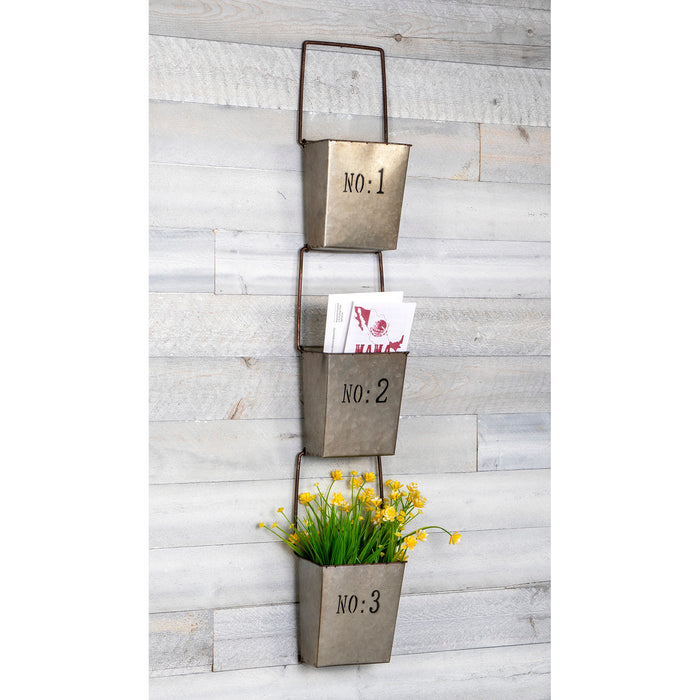 Red Co. Set of 3 Galvanized Hanging Buckets, Wall Pocket Planters, Country Rustic Farmhouse Décor