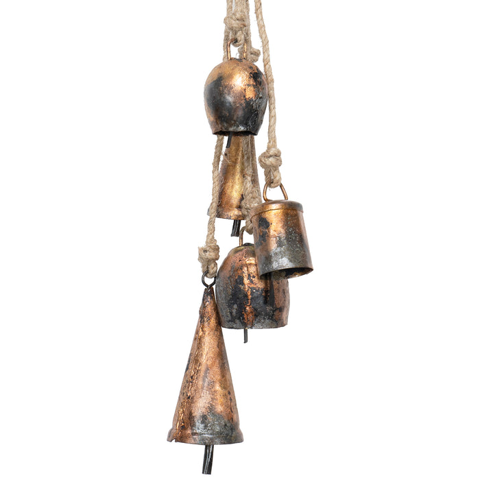Red Co. 18” Decorative Hanging Bell Cluster Wind Chime in Antique Gold Finish with Jute Rope