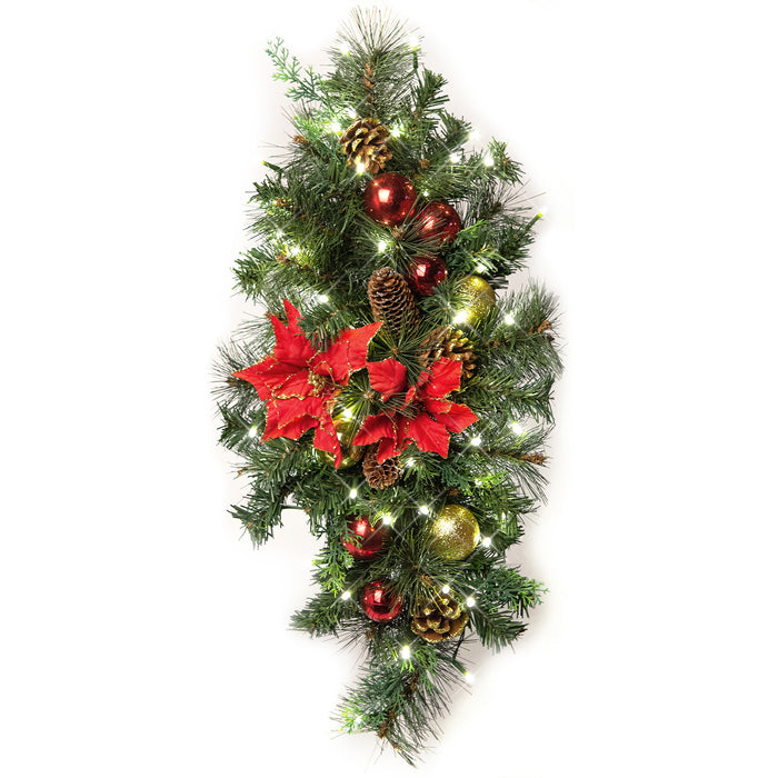 Red Co. 30" x 14" Light-Up Christmas Centerpiece with Ornaments and Bows, Battery Operated LED Lights with Timer