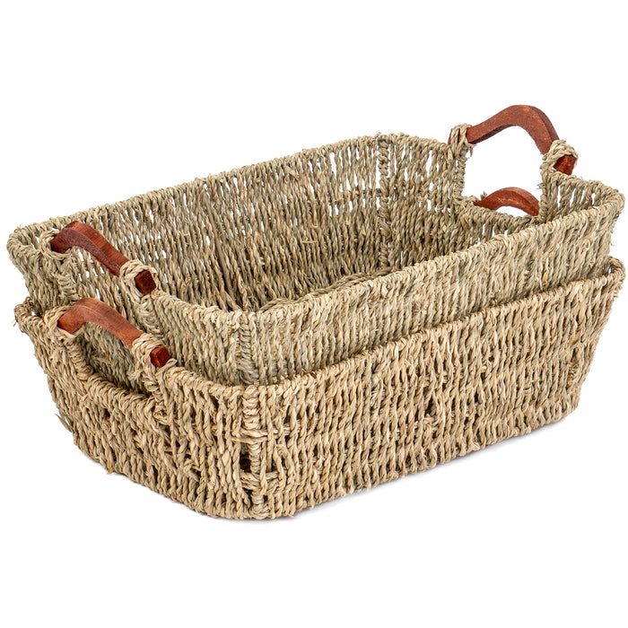 Red Co. Multi-Purpose Seagrass Basket Tray with Wooden Handle Set of 2, Storage Containers, Home Organizers