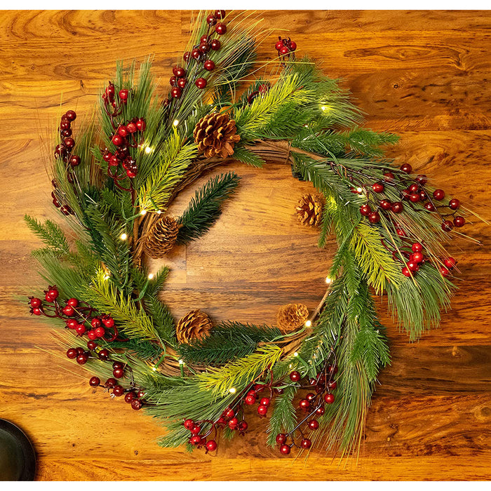 Red Co. 22 Inch Light-Up Christmas Wreath with Pinecones & Pine, Battery Operated LED Lights with Timer