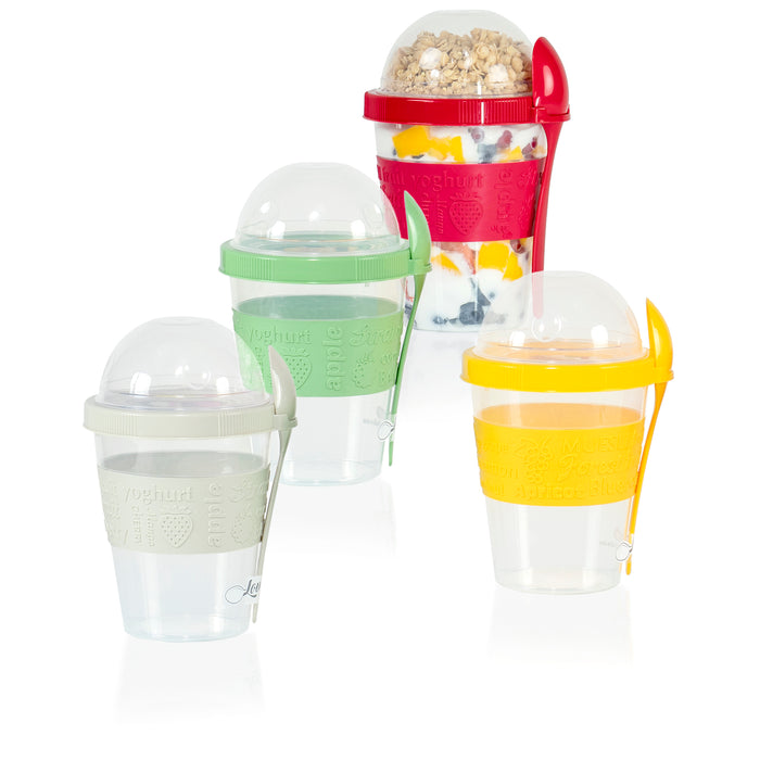 Red Co. Set of 4 Breakfast On the Go 20 Oz Reusable Yogurt Cups with Lid & Spoon – White, Pink, Green, Yellow