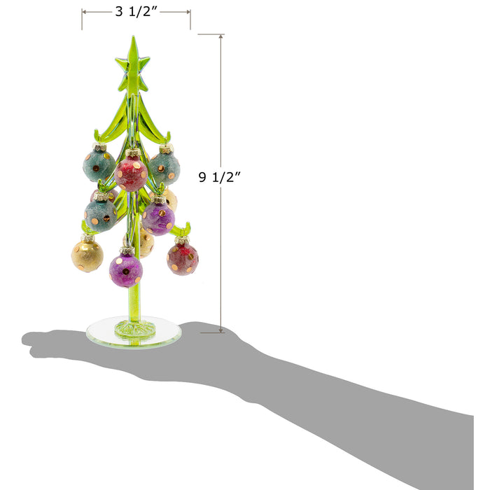 Red Co. Glass Christmas Tree Tabletop Display Decoration with 12 Removable Ball Ornaments, Iridescent Holiday Season Decor, 10 Inches