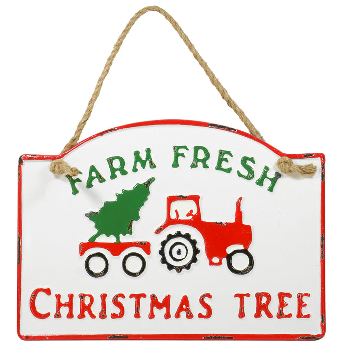 Red Co. Hanging White Enameled Metal Wall Sign Plaque with Jute Rope - Farm Fresh Christmas Tree