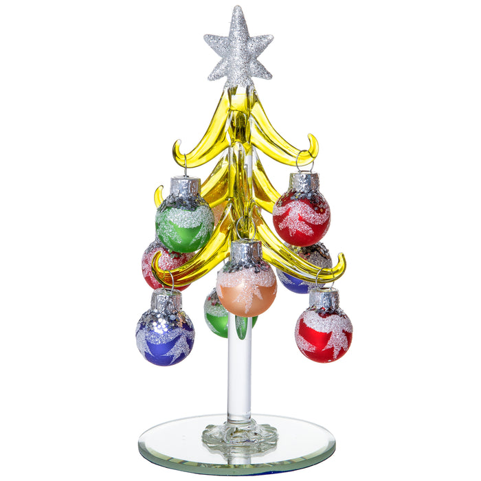 Mini Glass Christmas Tree, Small Table Top Holiday Season Décor with Removable Sphere Ornaments, Multicolor Silver Snowflake Glitter, 6 Inches