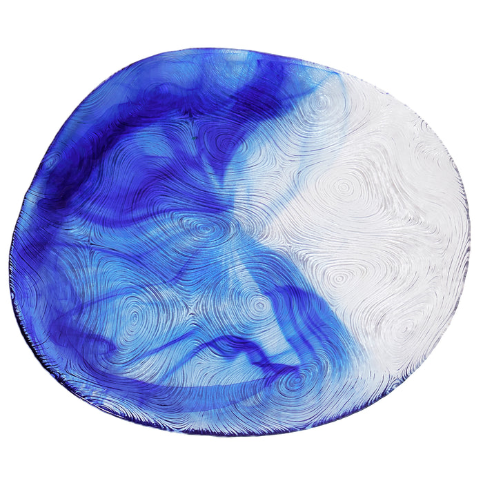 Red Co. White and Blue Etched Wavy Glass Irregular Shaped Dinner Plates, 10" Diameter - Set of 6