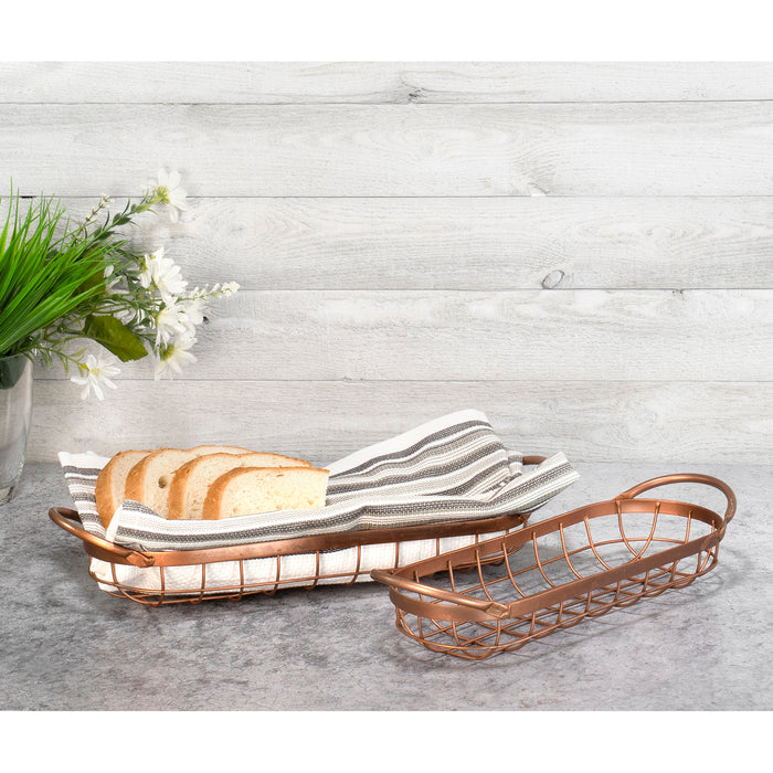 Red Co. Decorative Rustic Style Long Oval Metal Wire Bread Serving Basket Trays in Copper Finish with Handles – Set of 2 Sizes