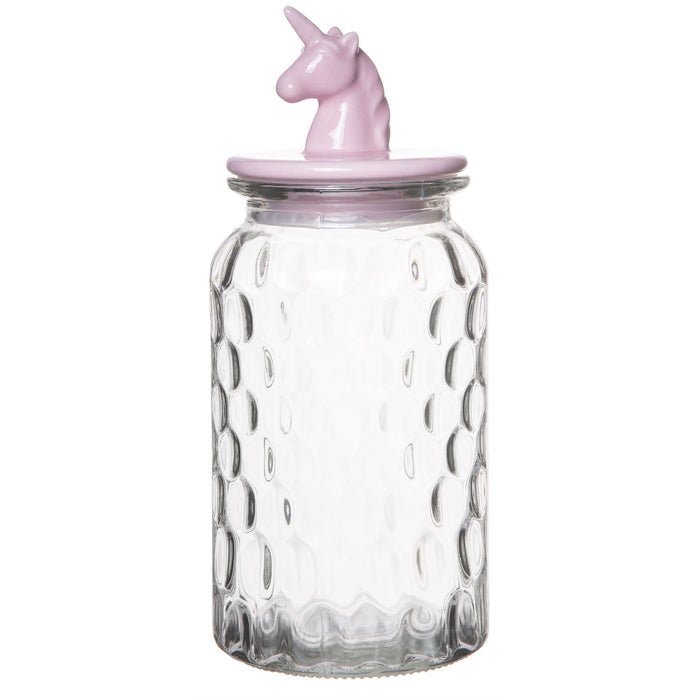 Red Co. Large Food Storage Rain Drop Pattern Glass Jar Canister with Pink Unicorn Shaped Ceramic Airtight Lid, 43.25 Ounces