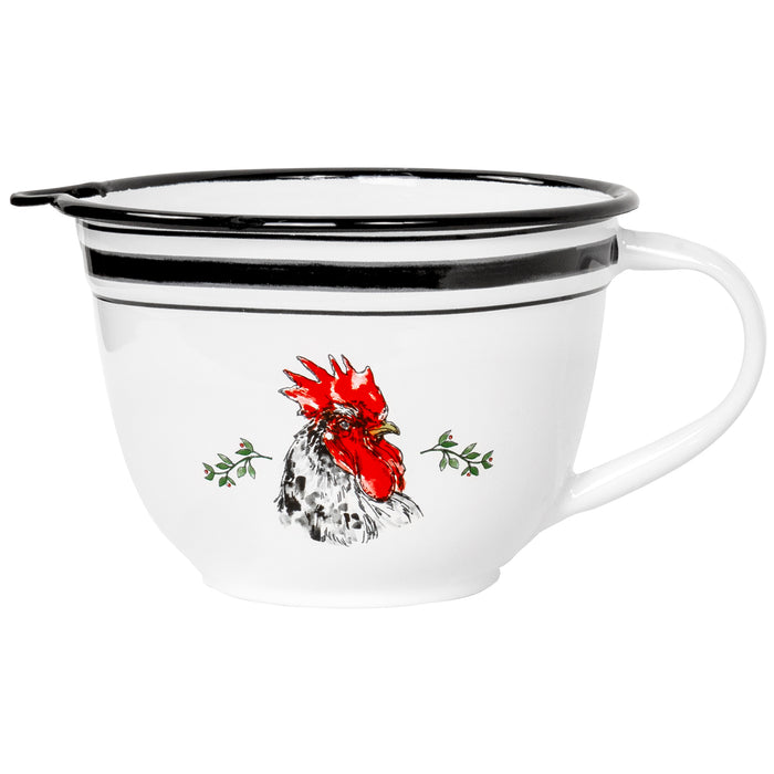 Red Co. White and Black Stripped Batter Mixing Bowl Mug Multi-Purpose Serving Dish with Spout and Decorative Rooster Design