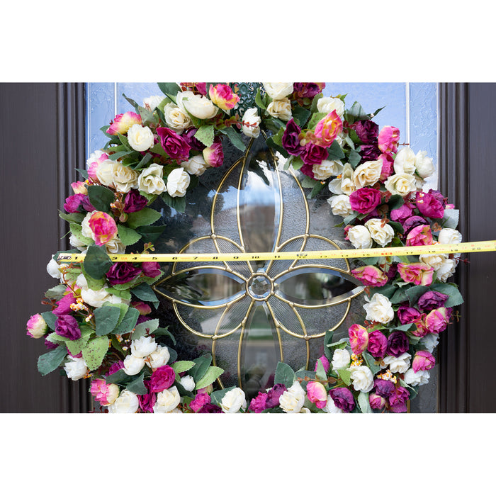 Red Co. 19" Tri-Color Roses with Ribbon, Artificial Spring & Summer Wreath, Door Backdrop Ornaments, Home Décor Collection