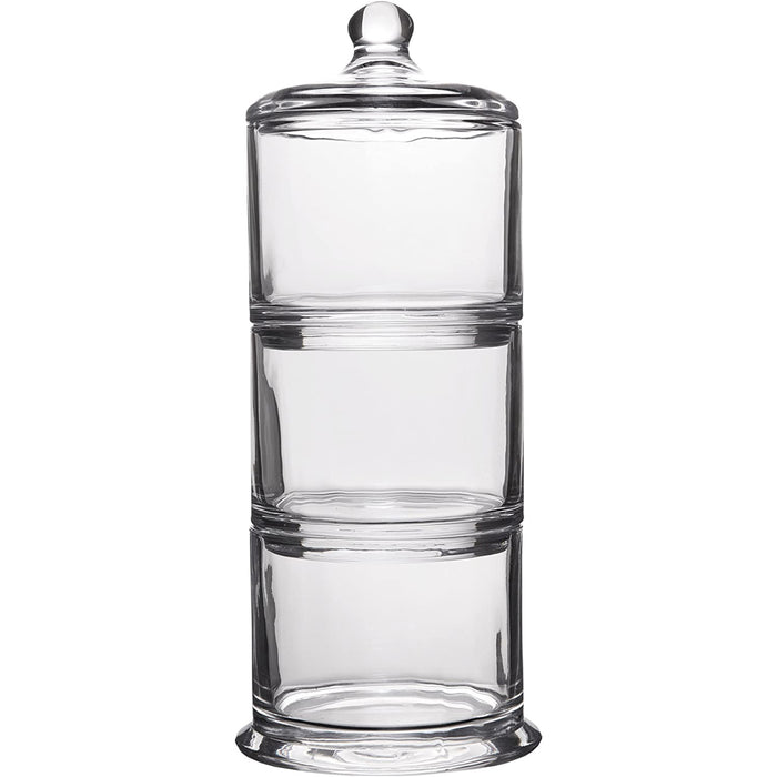 Classic Elegant Glass 3-Tier Stackable Storage Buffet Organizer for Kitchen or Bathroom - Set of 3 14-Ounce Apothecary Jar Containers with Lid - 12H X 4.25D Inches