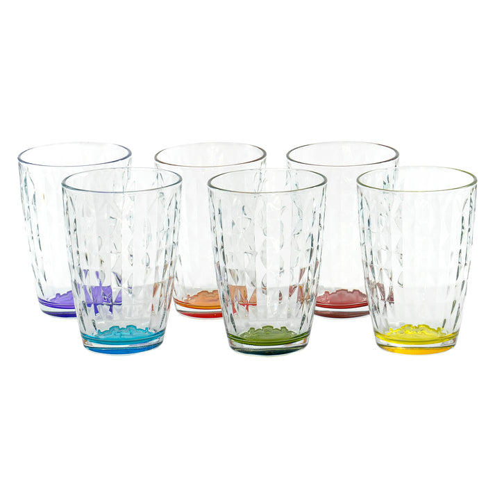 Diamond Pattern Clear Tumbler Multi Colored Base Drinking Glass for Water, Juice, Beer, Whiskey, and Cocktails, 13 Ounce - Set of 6