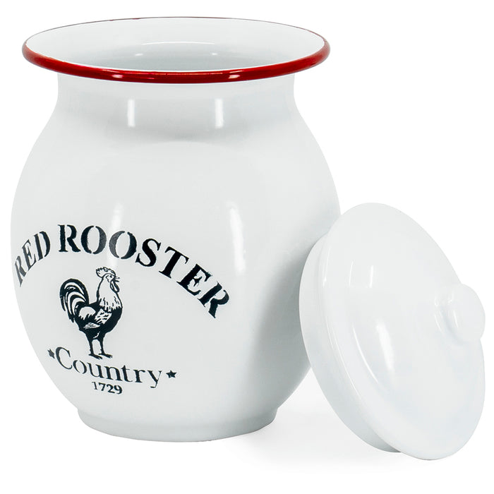 Red Co. All-Purpose Small Metal Canister with Red Rooster Logo and Lid, Solid White/Red Rim, 6-Inch