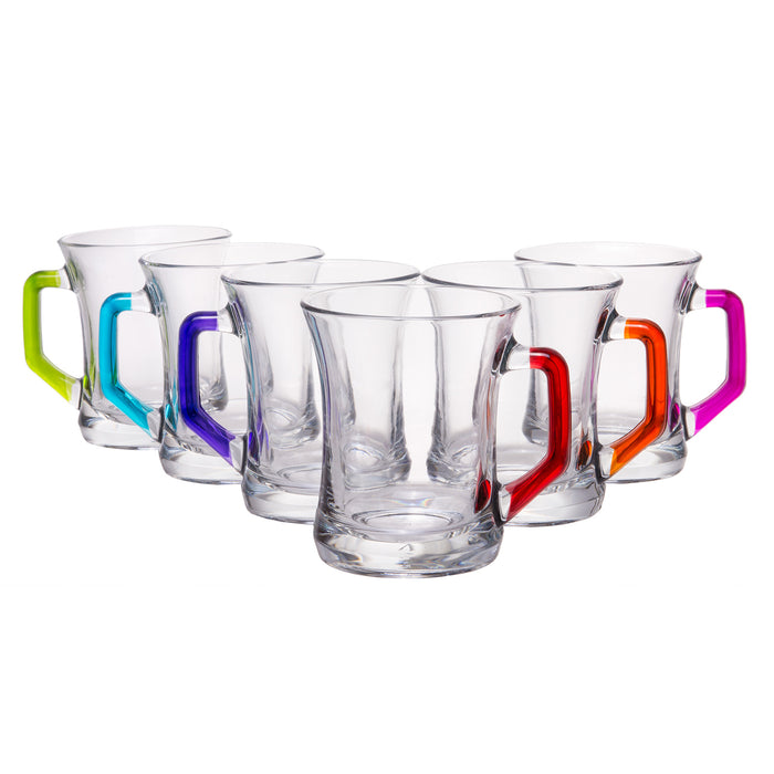 Coral Zen+ Clear European Glass Coffee & Tea Mug with Vibrant Colored Handles, Set of 6 Assorted Colors, 7.5 oz
