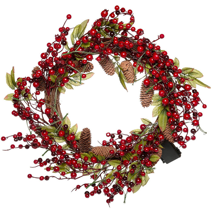 22 Inch Light-Up Christmas Wreath with Pinecones, Leaves & Red Cranberries, Plug-in Operated LED Lights