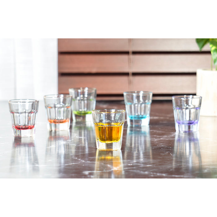 Red Co. Rocks Clear Shot Glass with Multi-Colored Base 1.5 Ounce, Set of 6