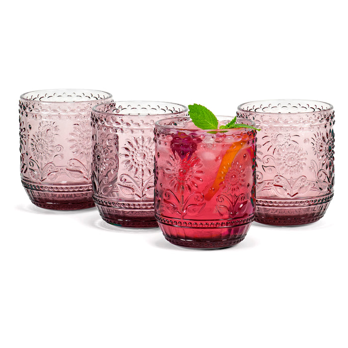 Modern Flower Embossed Glasses Kitchen Cup - Set of 4 - 12oz