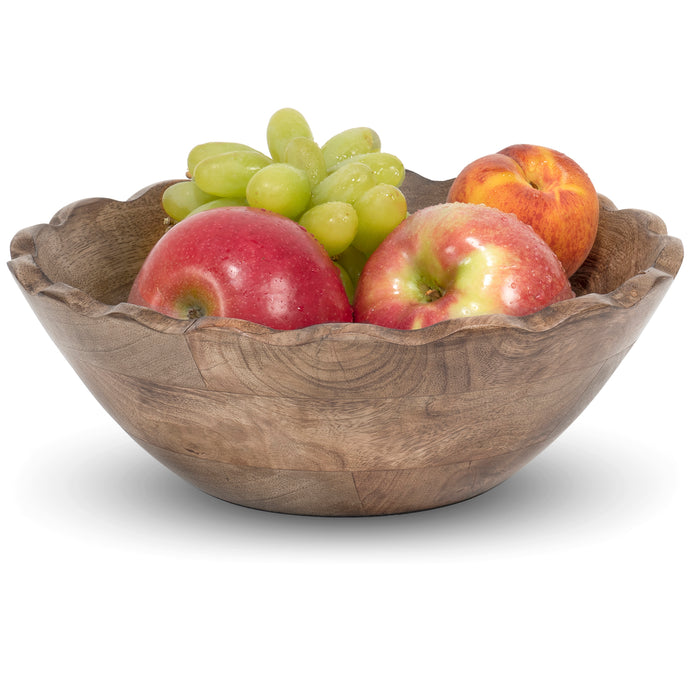 Red Co. 9.75” Large Decorative Wooden Centerpiece Serving Bowl with Wavy Edge, Natural Brown