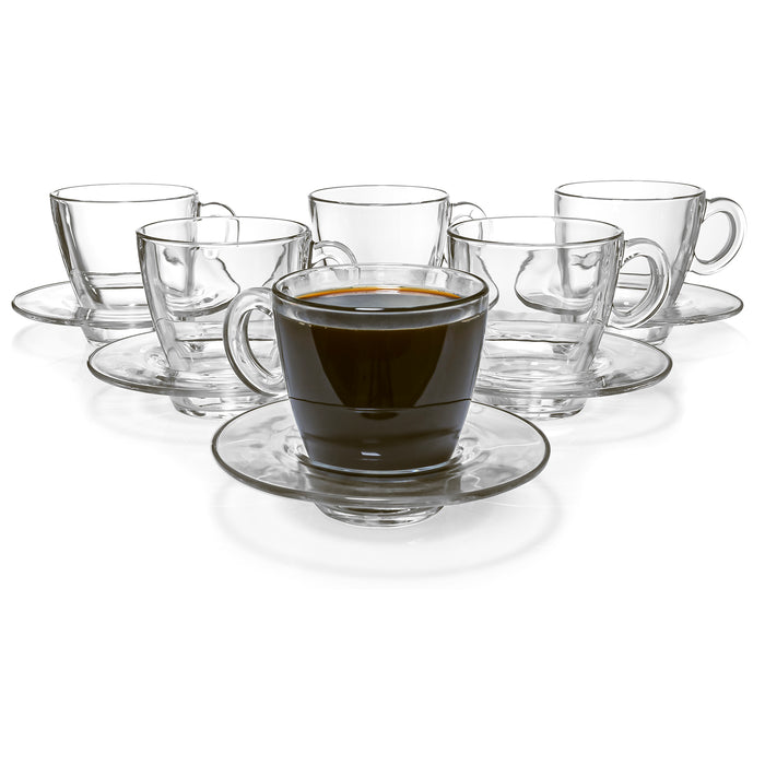 Red Co. Set of 6 Modern Clear Glass 7.25 Fl Oz Tea and Coffee Cups with Deep Saucers