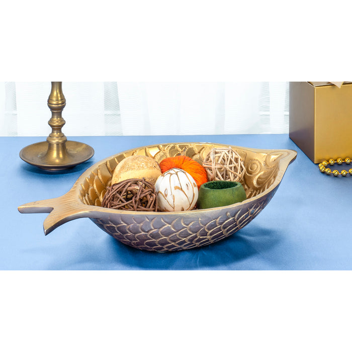 Red Co. 11” Decorative Round Metal Accent Centerpiece Fish Shaped Bowl Tray, Gold