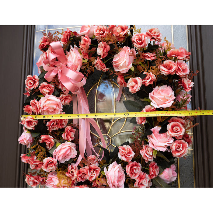 Red Co. 18" Lavishly Pink Roses with Ribbon, Artificial Spring & Summer Wreath, Door Backdrop Ornaments, Home Décor Collection