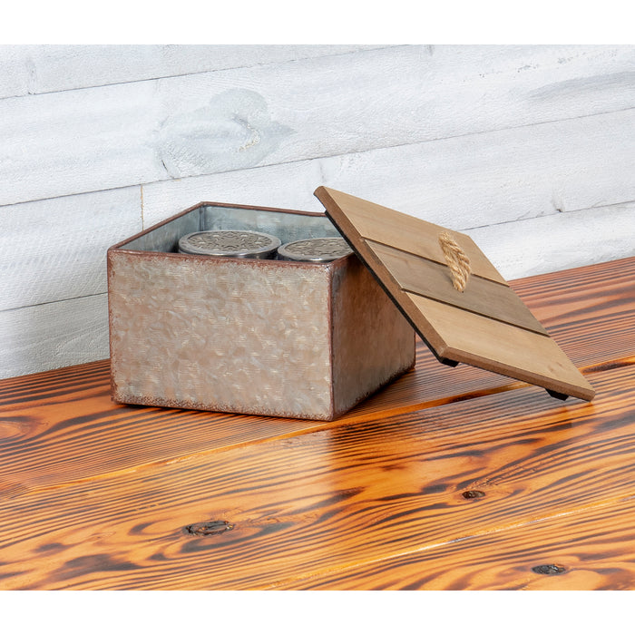 Rustic Galvanized Metal Square Storage Box with Wooden Lid - Country Style
