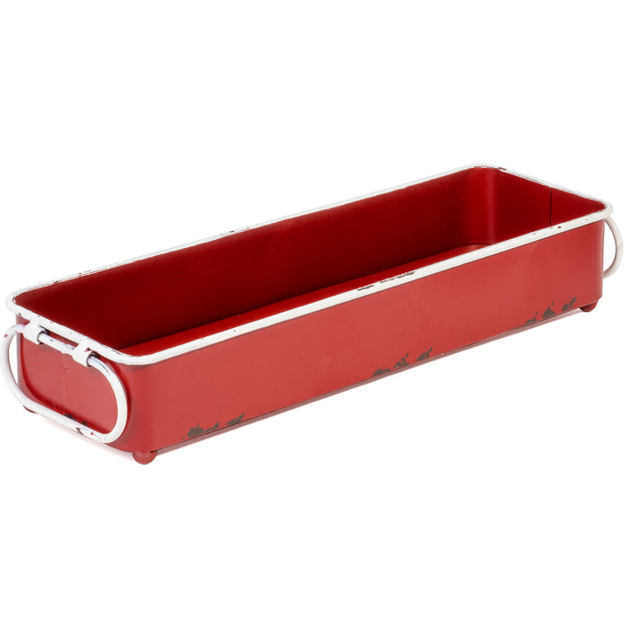 Red Co. Decorative Distressed Enamelware Metal Tray with Handles, Festive Red with White Trim - 16-Inch