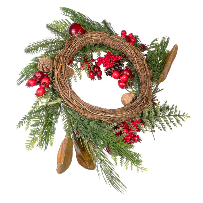 Artificial Winter Magnolia Pine Red Apple & Berries Front Door Wreath, Christmas Wall Decoration - 15 Inches