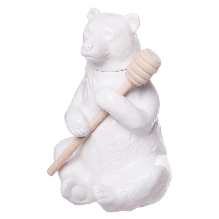 Red Co. Charming Ceramic Bear Honey Pot with Bamboo Honey Dipper, White, 7-inch