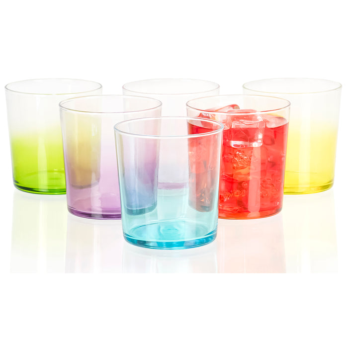 Red Co. Set of 6 Clear 11.75 Oz Rocks Lowball Glasses with Fading Multicolor Bases