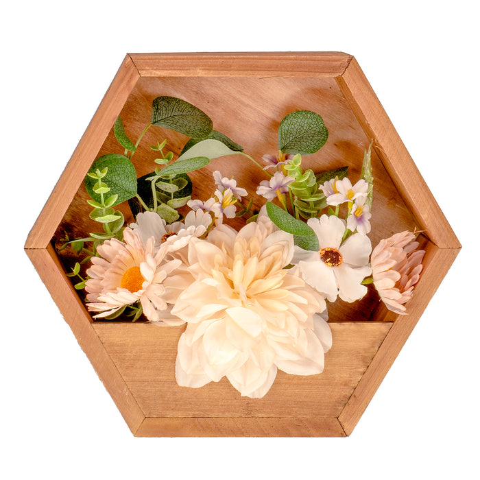 Red Co. Hexagonal Wall-Mounted Wooden Floating Shelf Floral Décor with Faux Peach/White Bouquet, 12" x 10.25" x 3"