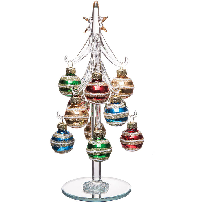 Elegant Glass Christmas Tree, Small Glass Table Top Decoration with Removable Sphere Ornaments, Multicolored Orbs, Holiday Season Décor, 8-inch