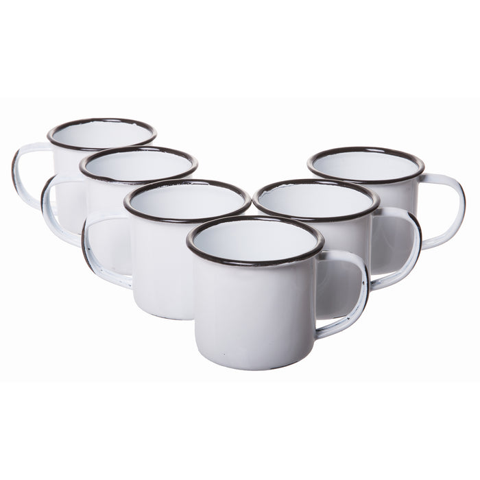 Small White Distressed Enamelware Tin Coffee Mugs with Colored Rim, Set of 6