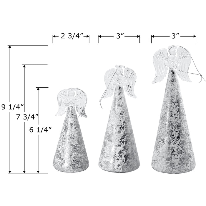 Red Co. Glass Christmas Holy Angel Figurine Ornaments in Silver Finish, Light-Up Holiday Season Decor, 9.5-inch, 8-inch, 6.5-inch, Set of 3