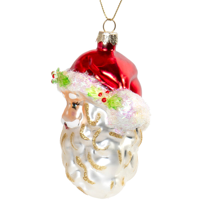 Red Co. Hand Crafted Decorative Glass Christmas Tree Ornaments, Holly Berry Santa