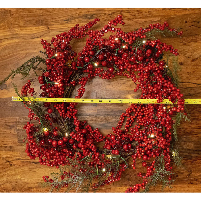 22 Inch Light-Up Christmas Wreath with Red Cranberries, Plug-in Operated LED Lights