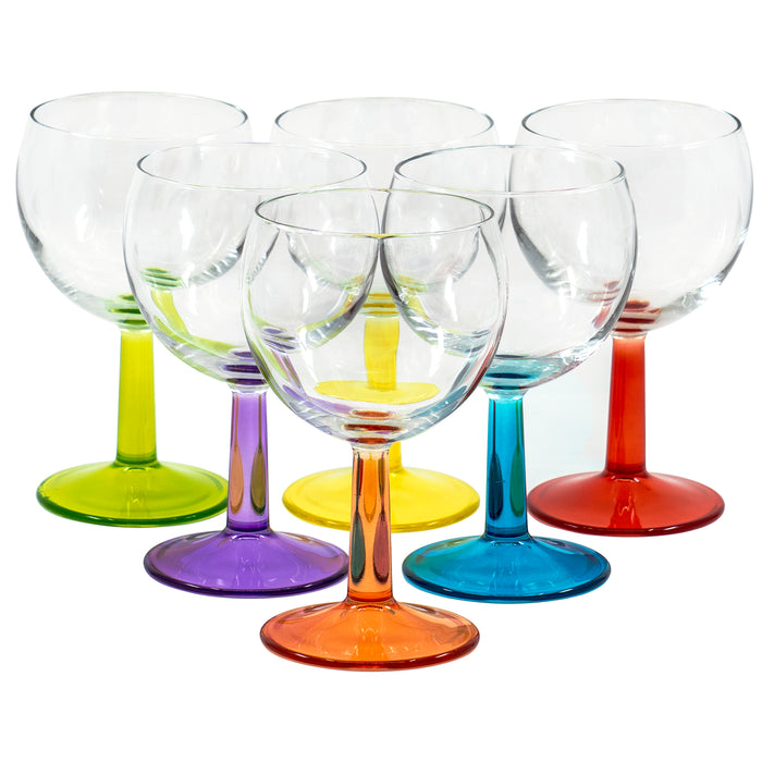 Red Co. Rainbow Wine Glasses - Set of 6 Clear Barware with Colored Stems, 8.5 Ounces