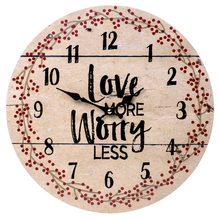 Love More Worry Less Round Wood Style Wall Clock - Farmhouse Rustic Home Decor - 13 Inches Diameter