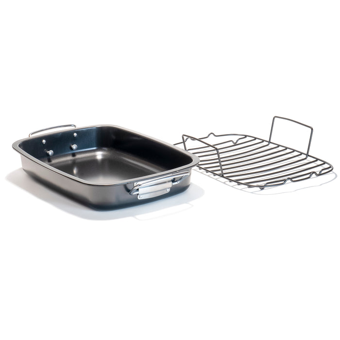 Red Co. Rectangular Black Deep Roasting Pan with Floating Detachable Rack and Chrome Handles - 17.5" x 12.5" x 2.75"