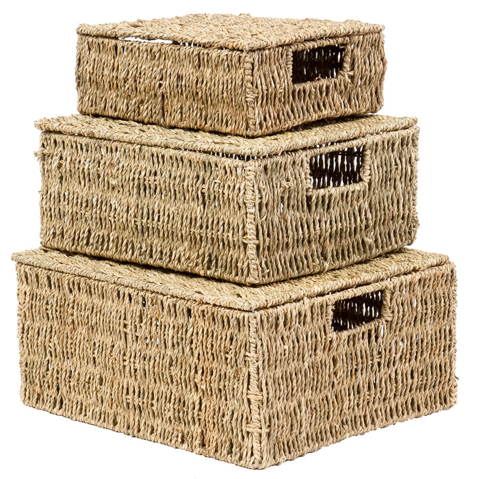 Red Co. Multi-Purpose Square Seagrass Basket Set of 3 with Lids, Storage Containers, Home Organizers
