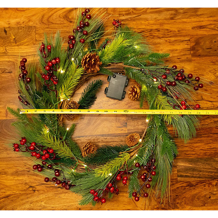 Red Co. 22 Inch Light-Up Christmas Wreath with Pinecones & Pine, Battery Operated LED Lights with Timer