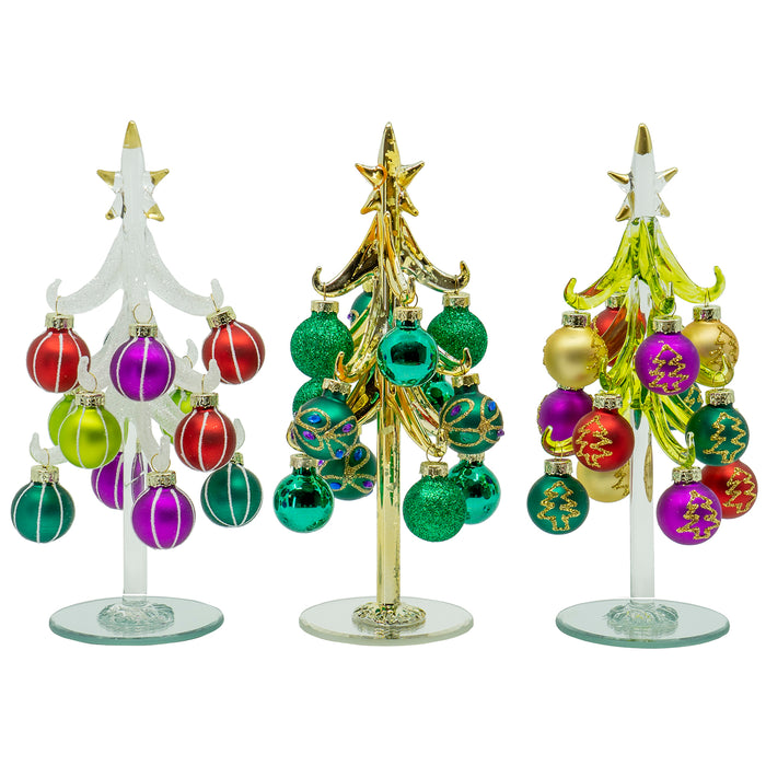 Red Co. Assorted Glass Christmas Tree Tabletop Display Decoration with Colorful Ball Ornaments, Holiday Season Decor, 8 Inches, Set of 3