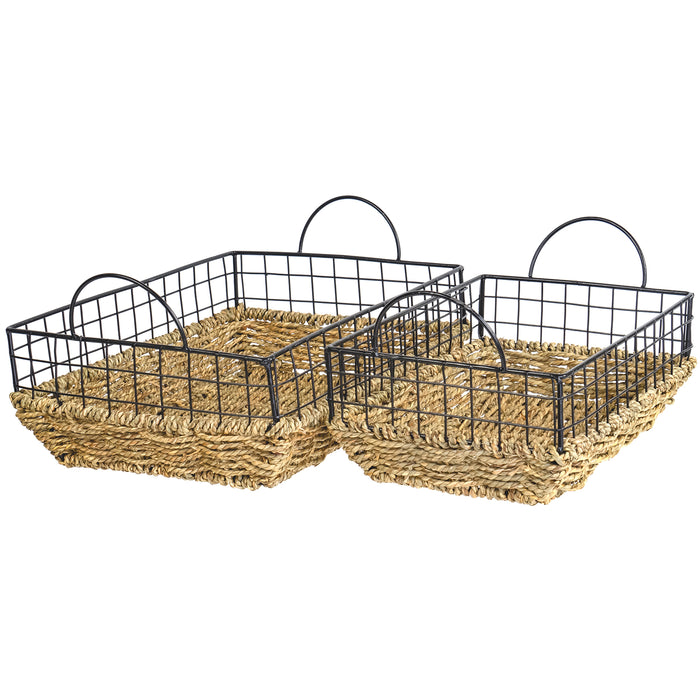 Red Co. Rectangular Multi-Purpose Seagrass Basket with Tall Metal Wire Cage and Handles, Storage Containers, Home Organizers - Set of 2