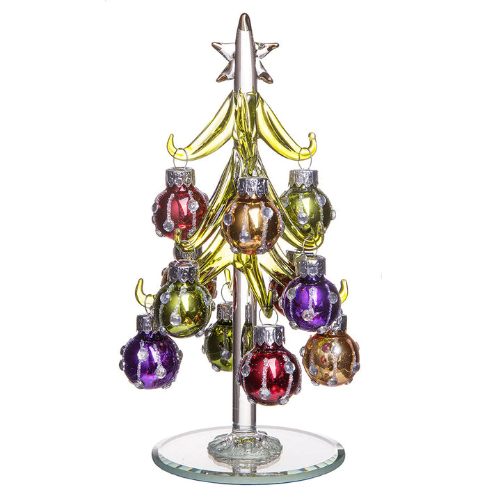 Green Christmas Tree with Multi-Colored Removable Sphere Ornaments, Small Glass Decoration, Holiday Season Décor, 6-inch