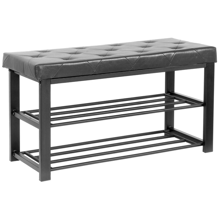 Red Co. Two-Tier Padded Organization and Storage Bench, Shoe Rack with Open Shelves, Charcoal Faux Leather Finish, 31¾" x 12½" x 18"