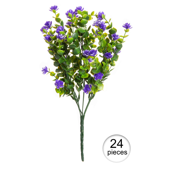 Faux Floral Bouquet, Artificial Fake Greenery Flowers for Home and Outdoor Garden Decor, Set of 4 Bunches (6 Picks Each), Spring Purple