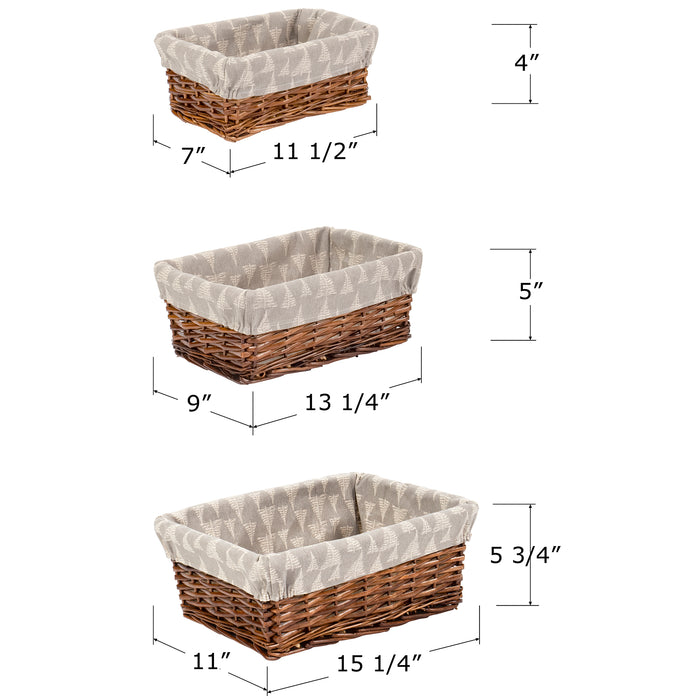 Red Co. Multi-Purpose Rectangular Nesting Wicker Basket with Liners Set of 3, Storage Containers, Home Organizers
