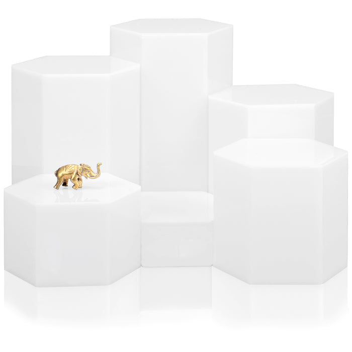 Red Co. Glossy White Hexagonal Acrylic Jewelry Figure Showcase Display Riser Stands with Hollow Bottoms |6-Pack